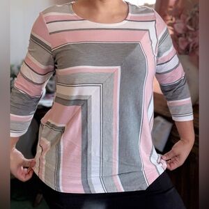 Striped Pink & Gray Women's 3/4 Sleeve Top